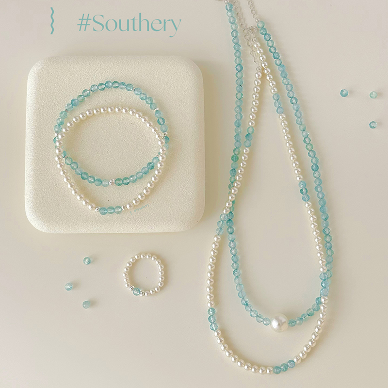 Southery蓝托帕石珍珠串珠项链
