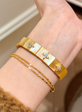 谷岚天然黑贝母锆石四叶草手链