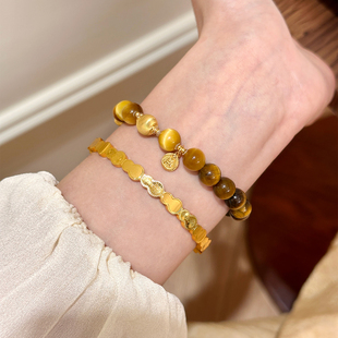 谷岚「琥光景瑞」天然黄虎眼金虎眼石手串女拉丝金珠佛牌配饰手链