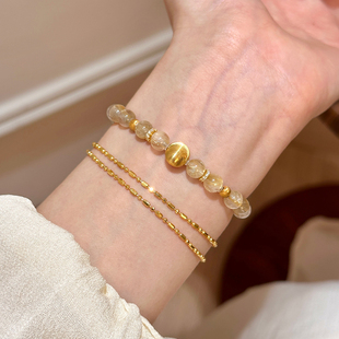 谷岚「金胭」天然黄水晶金发晶手串女款招财转运拉丝金色串珠手链