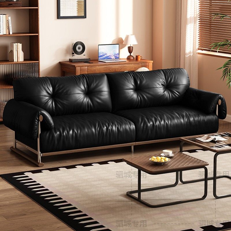 实木沙发头层牛皮黑胡桃法式复古黑色真皮现代客厅直排小户型沙发