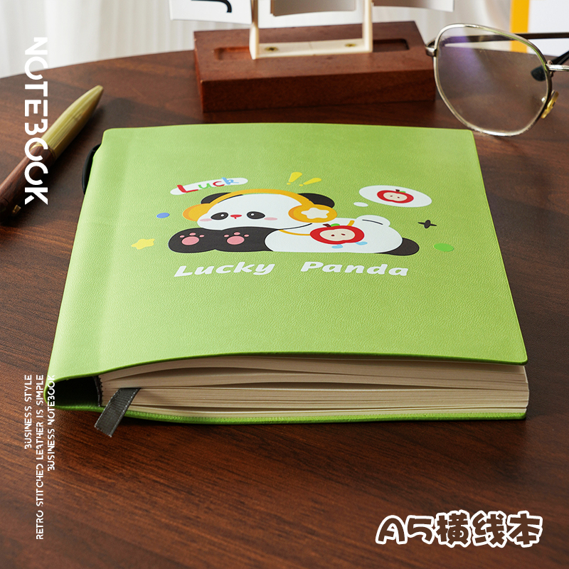 高颜值新款笔记本本子A5可爱萌宠皮面日记本卡通熊猫文艺范手账本旅行记录随身便携软皮绑带记事本可定制logo