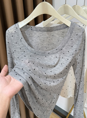 灰色大圆领波点针织打底衫女春季2026新款软糯薄款低领长袖0203r1