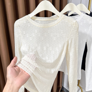 小圆领蕾丝提花内搭洋气小衫女秋冬长袖纱衣打底衫高级感网纱上衣