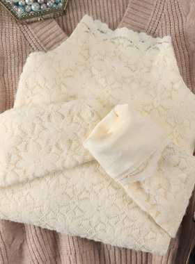 冬季高领磨毛蕾丝打底衫女2023新款洋气内搭小衫加绒加厚雷丝上衣