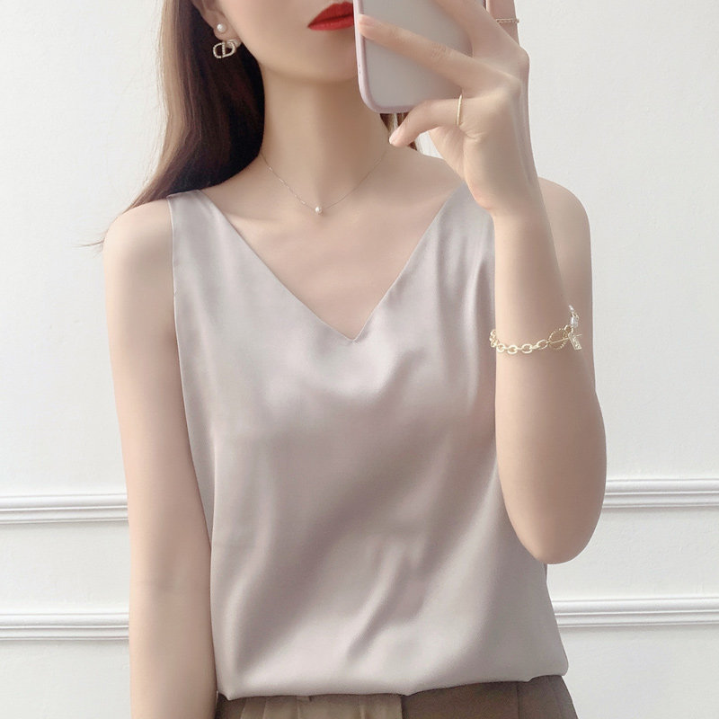 夏季新款真丝小吊带背心女内搭配西装纯色打底缎面桑蚕丝无袖上衣