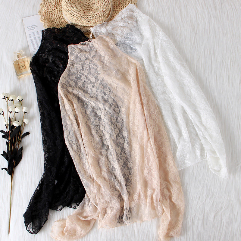 透明高领蕾丝打底衫女长袖仙气毛衣内搭薄款纱衣镂空透视网纱上衣