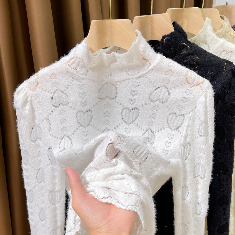 半高领白色磨毛蕾丝毛衣内搭打底衫女秋冬款高级感长袖保暖上衣,女装/女士精品,蕾丝衫/雪纺衫,淘宝优惠券,粉丝福利购,淘宝优惠卷