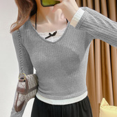 假两件针织长袖 T恤女2026春秋新款 挂颈V领拼接蕾丝内搭打底0202r