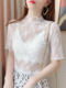 网纱上衣女 透明吊带裙内搭薄款 木耳边半高领白色蕾丝打底衫 女短袖