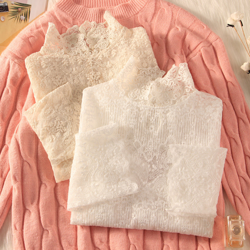 高端绣花蕾丝打底衫女洋气长袖毛衣内搭镂空网纱上衣女洋气小衫潮