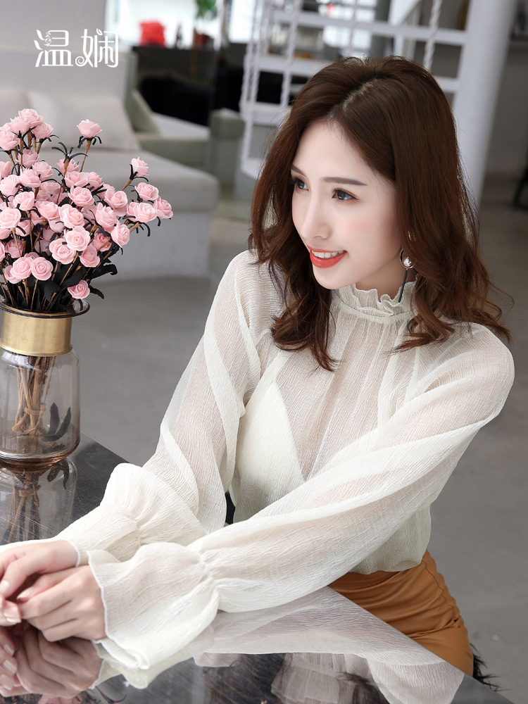 温娴花边领雪纺衫女长袖纱衣内搭仙气喇叭袖网纱上衣蕾丝打底衫薄
