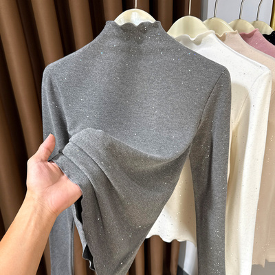 木耳边双面磨毛洋气打底衫女内搭2025新款半高领德绒长袖t恤小衫