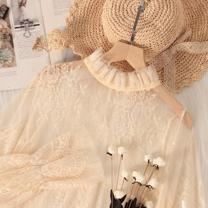 花边领打底衫女蕾丝春秋薄款高品质喇叭袖内搭大码神仙网纱上衣女