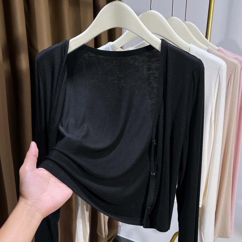 温娴针织单排扣V领披肩防晒开衫