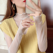 上衣女 气质波点半高领网纱内搭长袖 透视白色蕾丝打底衫 女2022新款