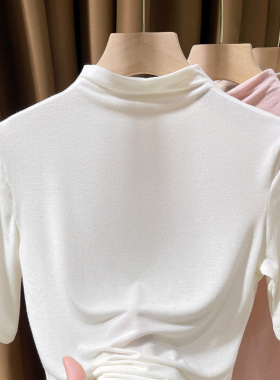 白色莫代尔半高领短袖t恤女夏季弹皮肤衣薄款中袖内搭打底衫0318r