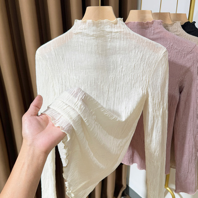 木耳边半高领针织打底衫女2025新款高级感冰雕花洋气内搭叠穿小衫