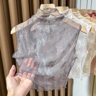 灰色蕾丝假领子女百搭秋冬内搭木耳边高领网纱打底衫 背心纱衣 无袖