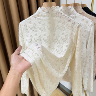 2026新款磨毛蕾丝打底衫女高级感网纱秋冬内搭高领叠穿保暖小衫潮