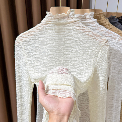 木耳边高领蕾丝打底衫女高级感提花纱衣薄款叠穿内搭网纱洋气小衫