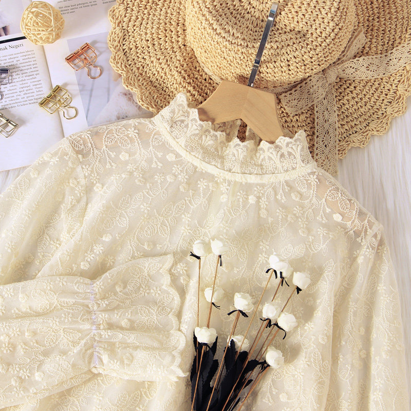 透视高端蕾丝打底衫女春秋款内搭洋气喇叭袖立领神仙内衬网纱上衣