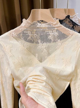 高领加绒蕾丝打底衫女秋冬2025新款保暖洋气内搭小衫毛衣叠穿纱衣