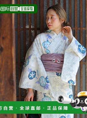 1h可退 日本直邮utatane 女士水色朝顔图案浴衣三件套 纯棉麻质地
