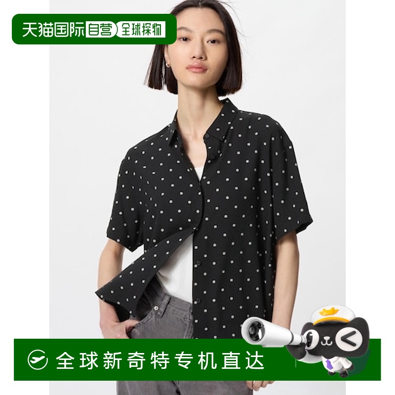 日潮跑腿UNIQLO优衣库 人造丝短袖衬衫 09 BLACK WOMEN L 475643