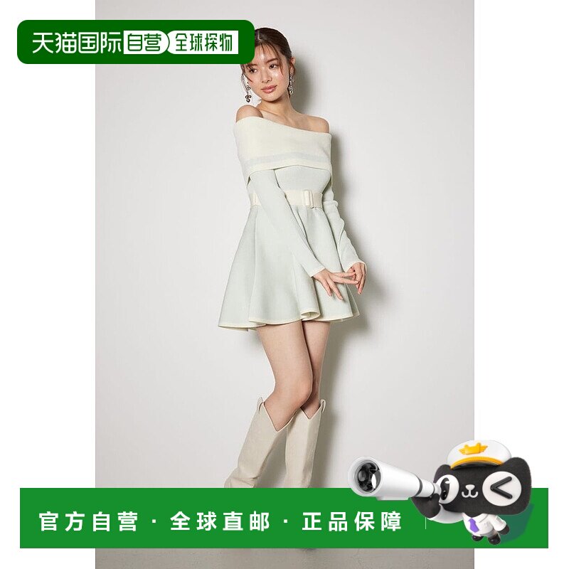 日本直邮Rienda 双色斜肩喇叭迷你针织连衣裙 BLK [RI3465EW03310