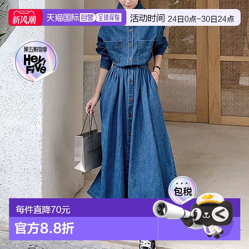 【日本直邮】 privatebeach春季牛仔衬衫长袖连衣裙收腰长裙夏