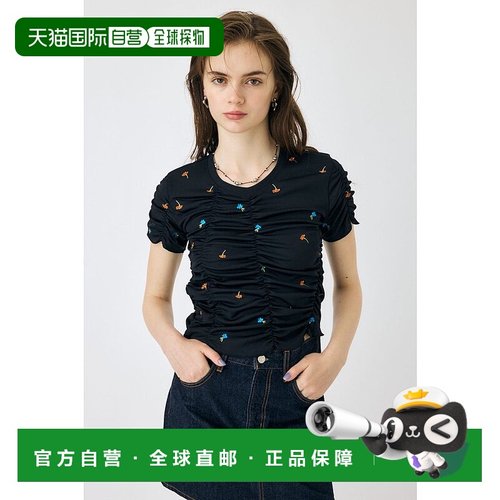 日本直邮MOUSSY FLORAL RANDOM 褶皱T恤 [MO1164EW036455] 黑色