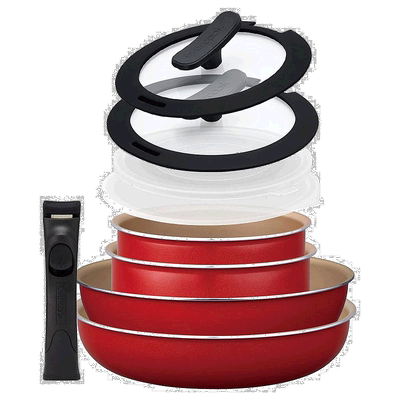 【日本直邮】evercook 平底锅9件套/脱柄式IH对应 1年保证 红EFPC