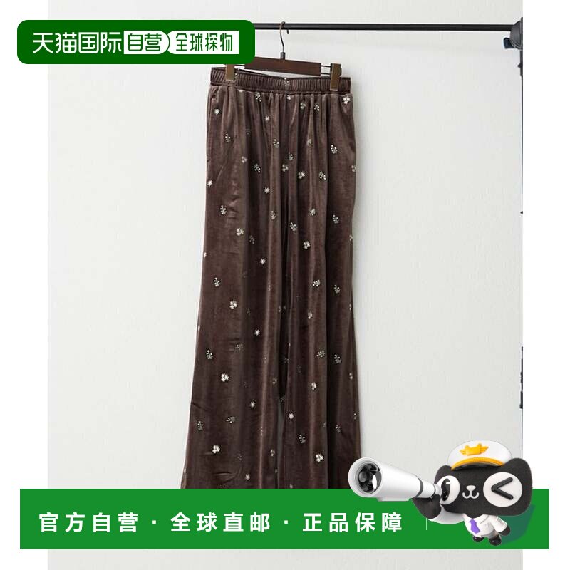 日本直邮NICE CLAUP 丝绒花朵刺绣长裤 棕色休闲裤阔腿裤裤子