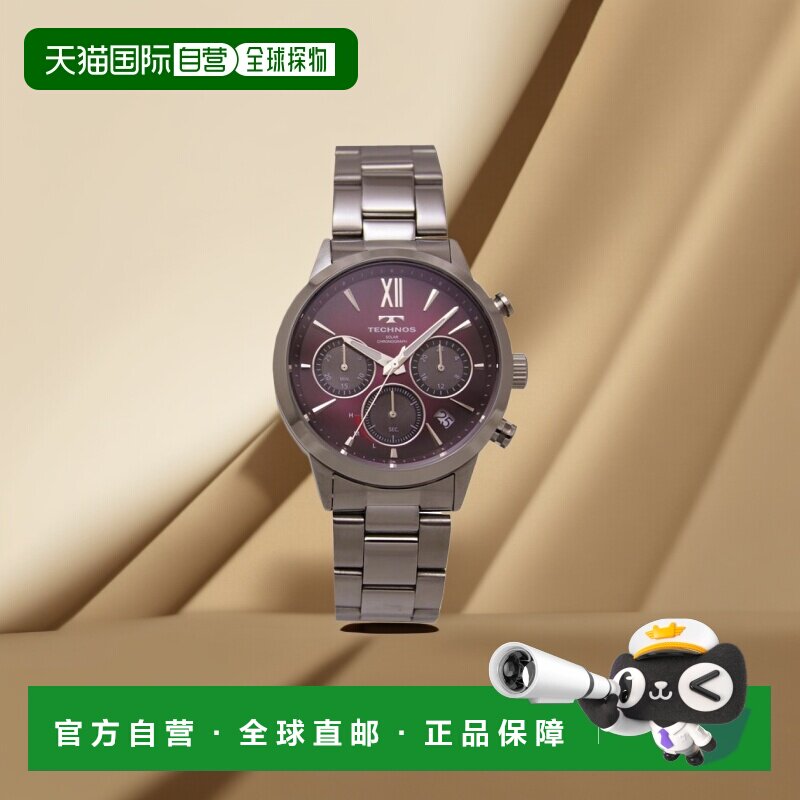 日本直邮TECHNOS 手表男士太阳能计时码表红色/银色 Time Time 限