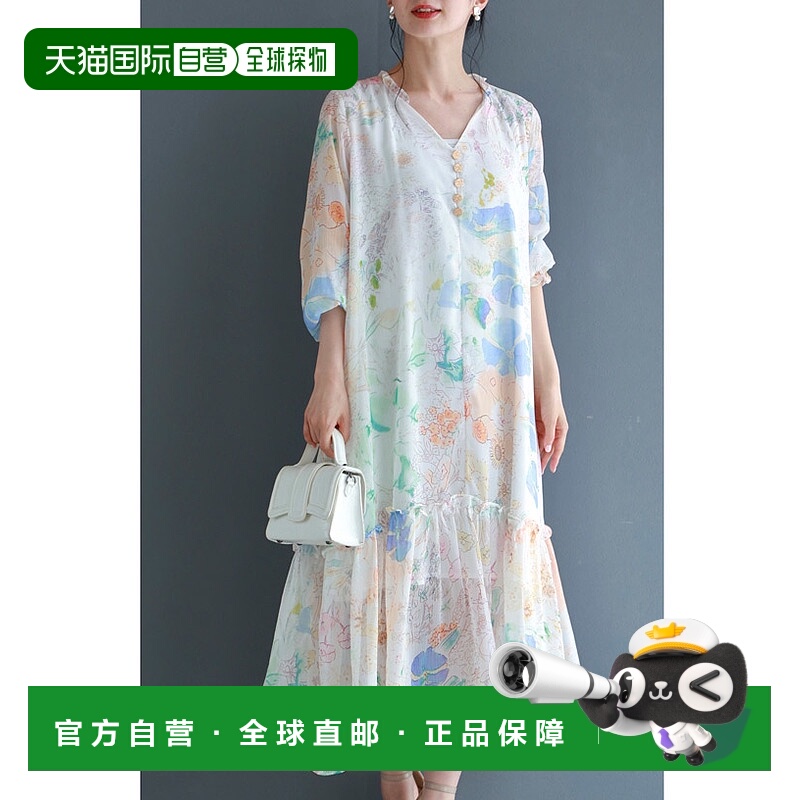 日本直邮（附细绳腰带）中长款连衣裙饰有柔和淡雅的花卉图案