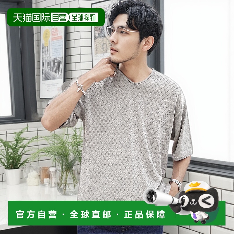 1h可退 日本直邮JIGGYS SHOP男士夏季宽松V领钻石纹针织半袖T恤 2