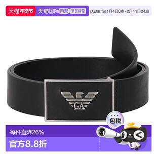 日本直邮EMPORIO ARMANI阿玛尼经典飞鹰标志皮革长方形银黑皮带男