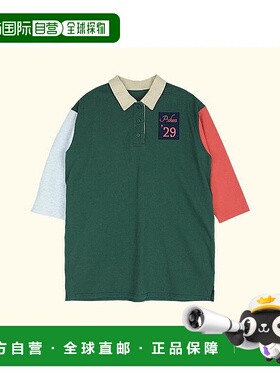 1h可退 日本直邮P:chees 儿童 袖拼色 胸前徽章 牛津领连衣裙 18-