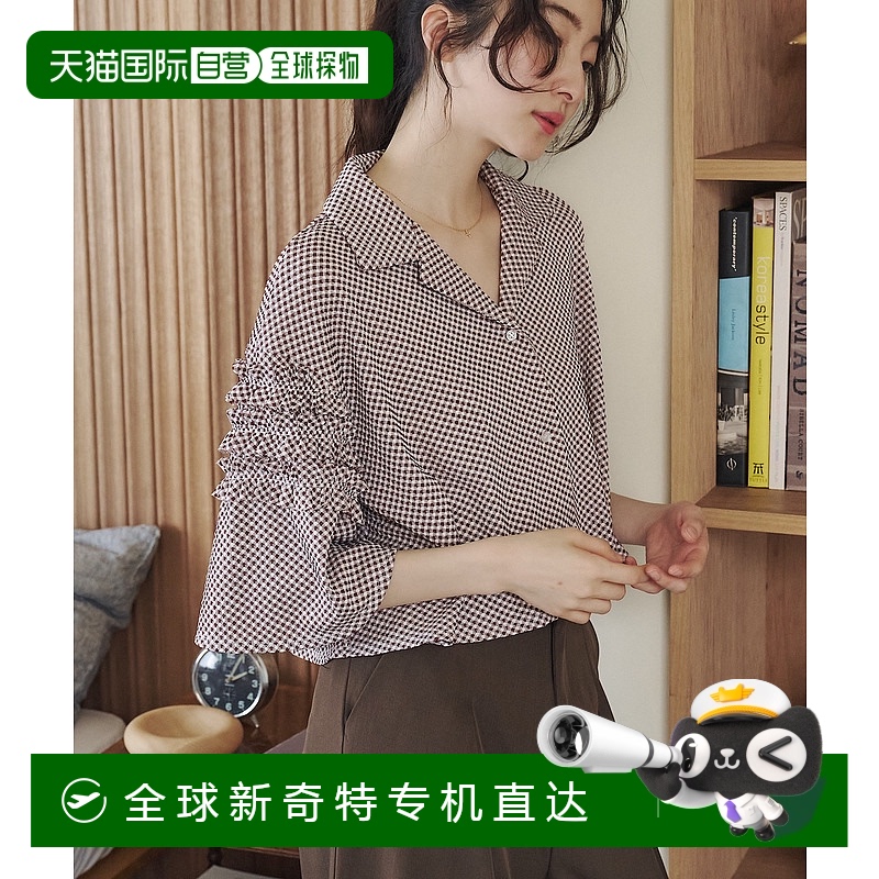 1h可退 日本直邮REMOON女装宽松开襟衬衫 蕾丝袖复古细格纹 RMETO