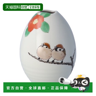 日本直邮九谷烧 单花瓶(大号子弹形)雪与两只麻雀 / 中村利人花