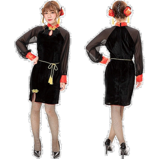 自营|PartyCityCosplay套装中国风女孩性感可爱丝绒旗袍黑派对