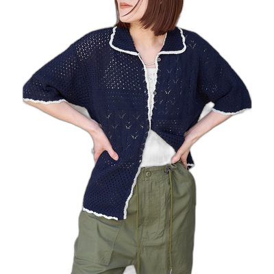 日本直邮FREAK'S STORE 女士拼接钩编风开领短袖上衣 11342489014