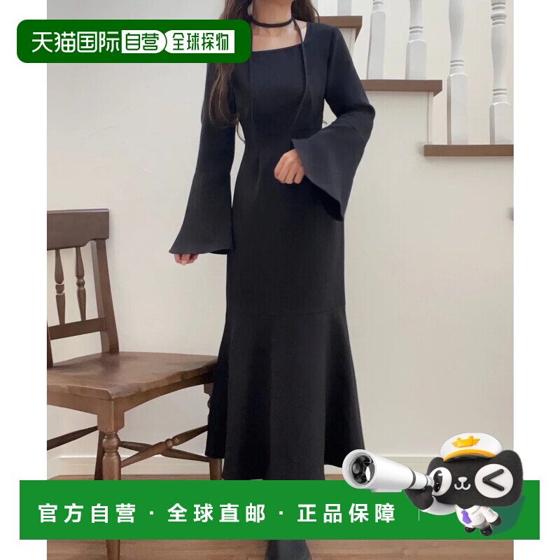 日本直邮JUNOAH 黑色收腰鱼尾连衣裙配颈链鱼尾裙