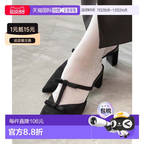 日本直邮RANDA 丝带T字带穆勒高跟鞋 RA041BW016771 黑色单鞋拖鞋