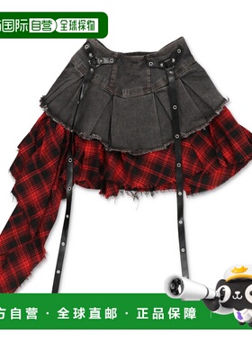 日本直邮SPINNS 女装 格纹拼接风牛仔中裙 荷叶边内搭裤 甜酷朋克