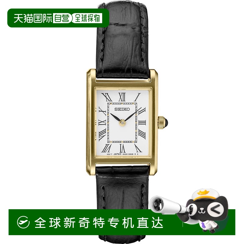 【日本直邮】Seiko精工 手表 女款方形指针式石英表黑色皮表带SWR