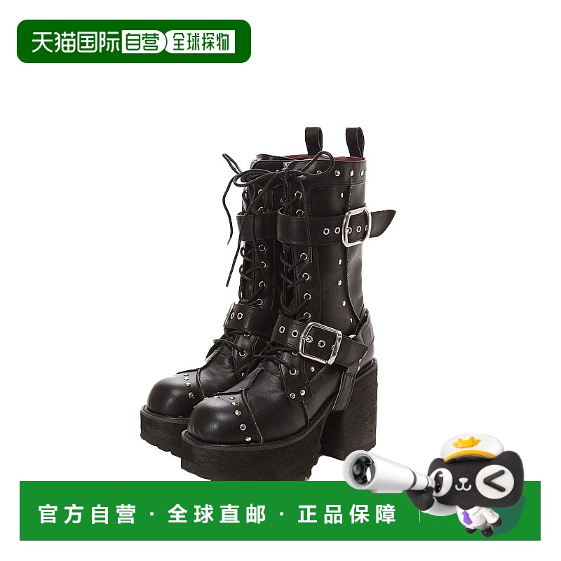 【日本直邮】yosuke女士厚底中靴黑色皮革系带暗黑朋克哥特