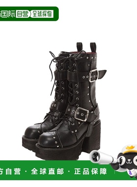 【日本直邮】yosuke女士厚底中靴黑色皮革系带暗黑朋克哥特