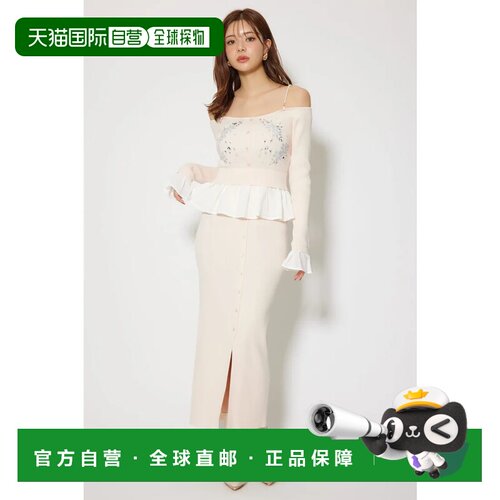 日本直邮rienda 两穿珠饰花朵露肩紧身针织连衣裙 L/PNK1